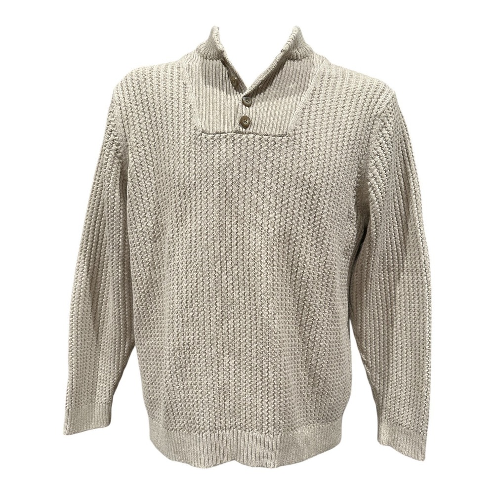 !! SOLD !! Eddie Bauer Waffle Knit Henley Sweater XL Oatmeal Heavy Cotton‎
